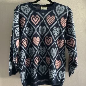 Vintage Separate‎ Issue Women’s Heart Sweater Blue Pink Knit USA Medium 80s 90s